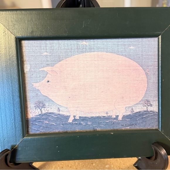 Vintage Warren Kimble Framed Print Pig Mama Chicken Chicks Folk Art Green - Picture 9 of 10